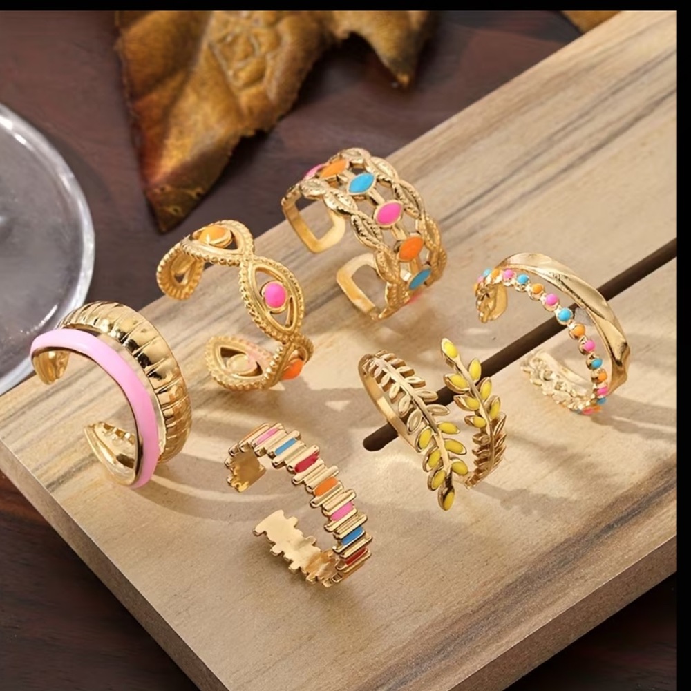 18k Gold Plated colorful Gold Cuff Ring Boho Set